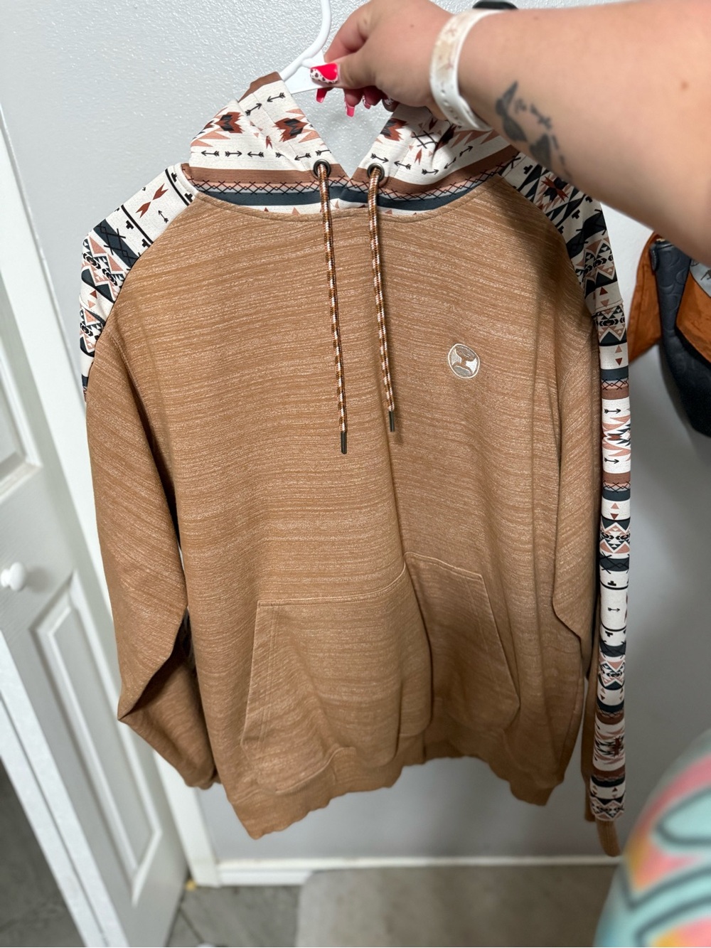 Hooey Men's Crewneck Hoodie - Tan with Cream Aztec Trim